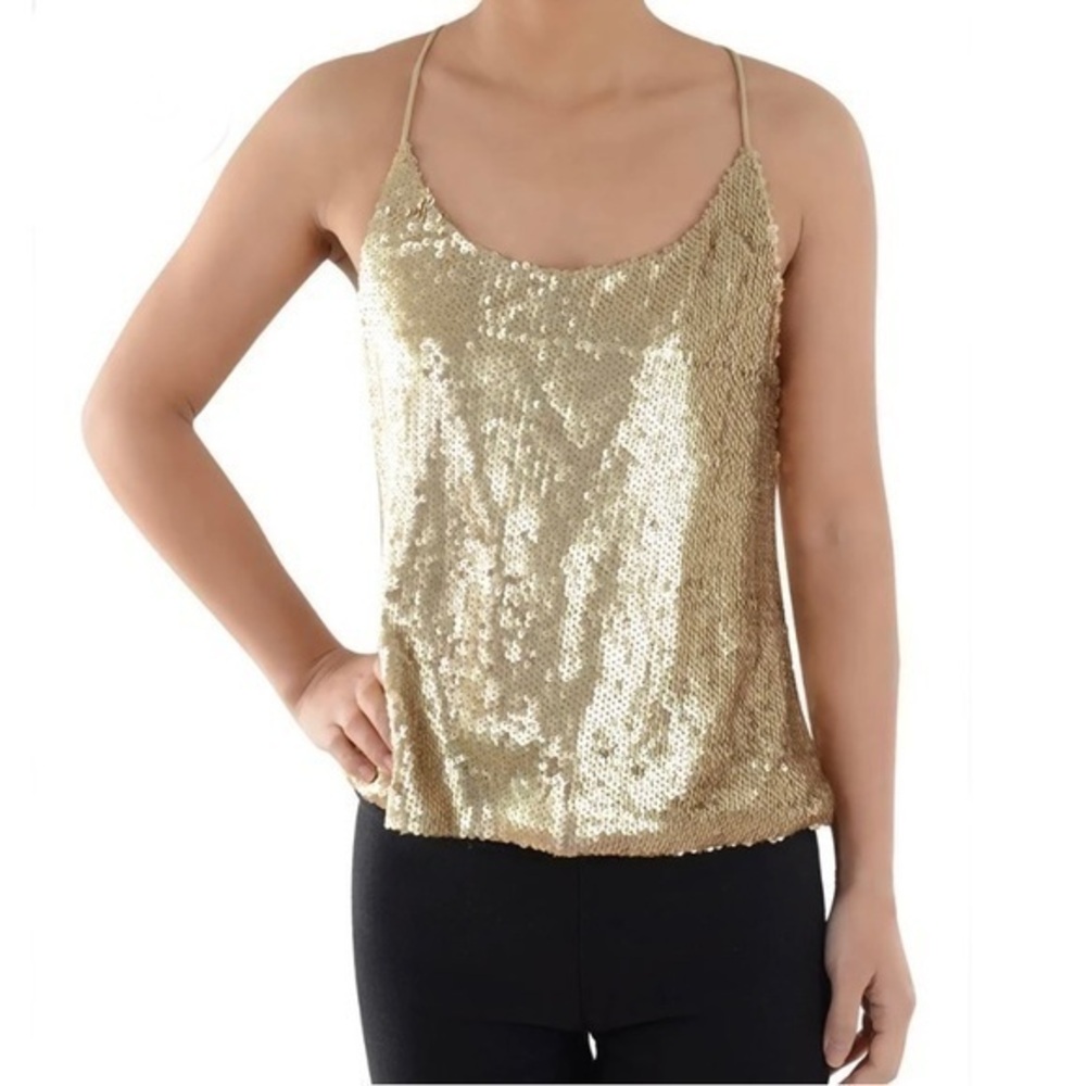 Anna-Kaci Sequin Shimmering Spaghetti Strap Tank in matte gold Sz L